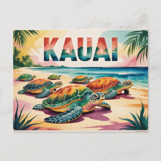 Kauai Beach Turtles Illustration Postcard (Front)