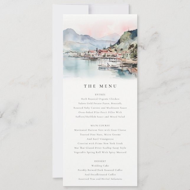 Kauai Hawaii Watercolor Landscape Wedding Menu Invitation (Front)