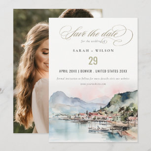 Kauai Hawaii Watercolor Landscape Wedding Photo Save The Date