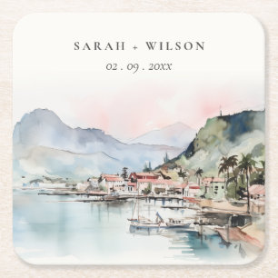 Kauai Hawaii Watercolor Landscape Wedding Square Paper Coaster