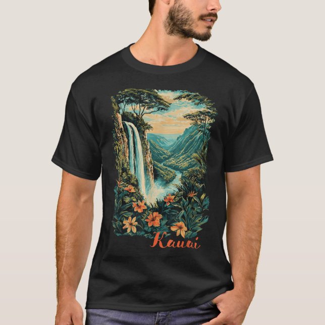 Kauai Hawaii Waterfall Canyon Rainforest Trees  T-Shirt (Front)