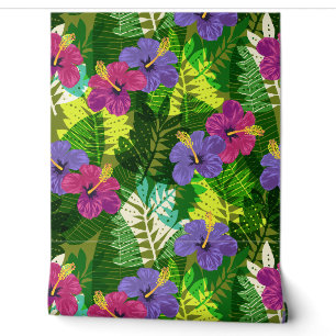 Kauai Jungle Hawaiian Hibiscus and Palms -Brights Wallpaper