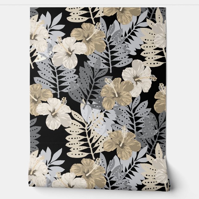 Kauai Jungle Hawaiian Hibiscus and Palms -Neutrals Wallpaper (Unrolling)