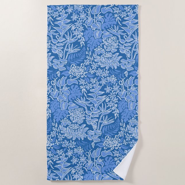 Kauai Morning Hawaiian Protea Floral - Blue Beach Towel (Front)