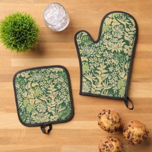 Kauai Morning Hawaiian Protea Floral Green Oven Mitt & Pot Holder Set