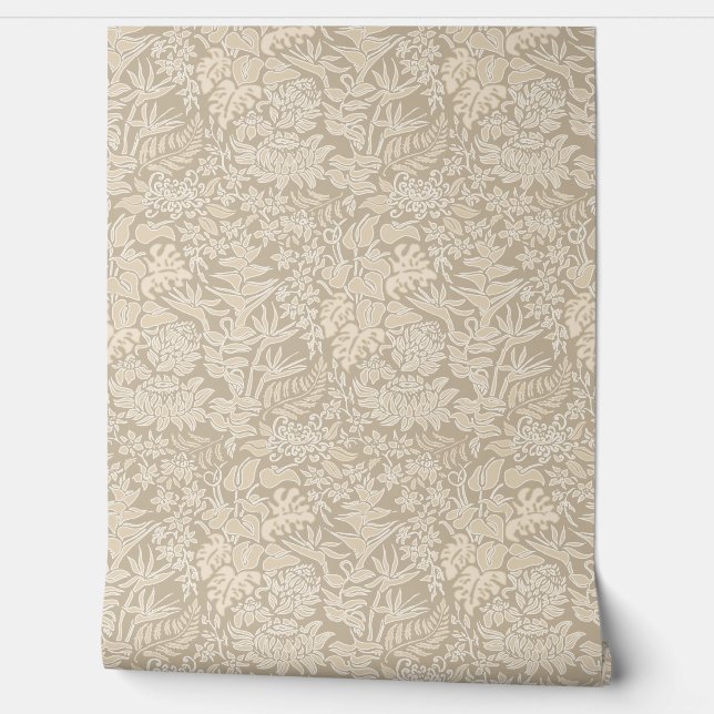 Kauai Morning Hawaiian Protea Floral - Taupe Wallpaper (Unrolling)