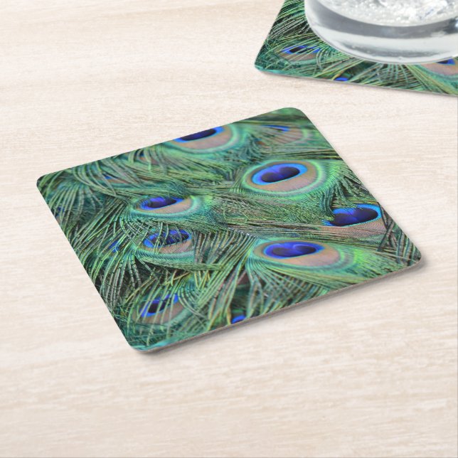 Kauai Peacock Feathers Square Paper Coaster (Angled)