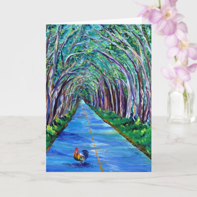 Kauai Tree Tunnel with Rooster Greeting Card (Orchid)