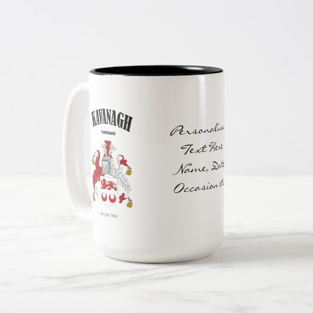 Kavanagh Family Crest, Translation & Meaning Two-Tone Coffee Mug (Front Left)