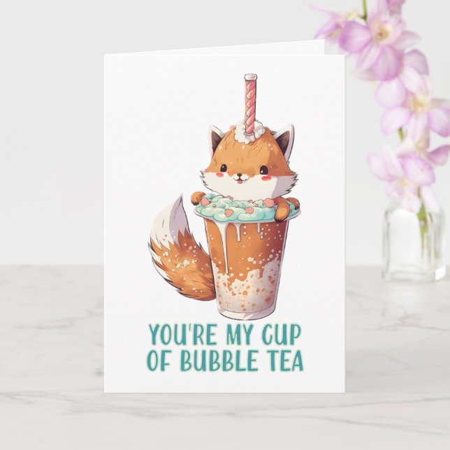 Kawai cute baby fox you're my cup of bubble tea card (Orchid)
