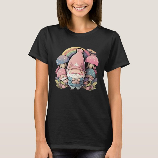 Kawai Cute Pink Gnomes Mushrooms Rainbow Happy Eas T-Shirt (Front)