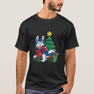 Kawai Husky Candy Cane Xmas Presents Christmas Tre T-Shirt