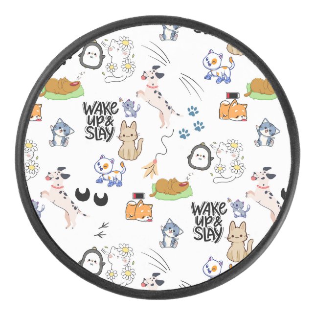Kawai Pet Lover Cute Seamless Pattern Hockey Puck (Front)