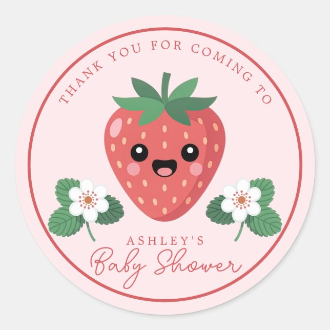 Kawai Strawberry Baby Shower Thank You Classic Round Sticker (Front)