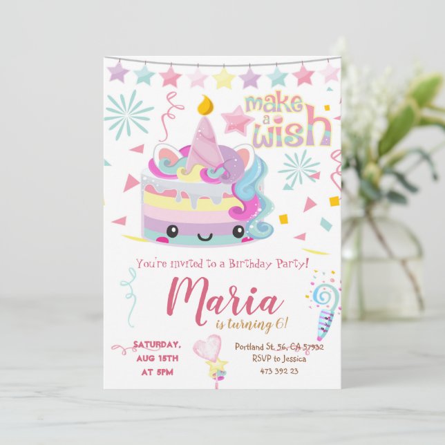 Kawai Unicorn Cake Pastel Birthday Invitation  (Standing Front)