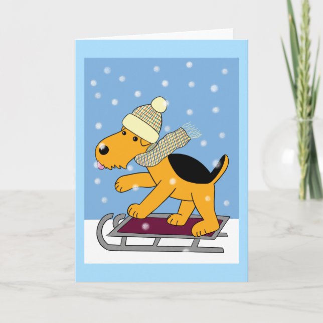 Kawaii Airedale Terrier Dog on Sled Greeting Card (Front)