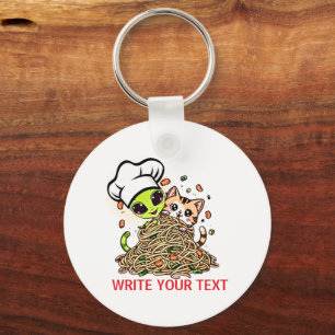 Kawaii Alien Chef Cat Spaghetti Art Key Ring