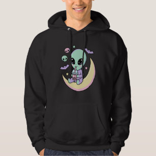 Kawaii Alien Drinking Bubble Tea Pastel Goth Moon Hoodie