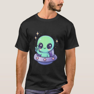 Kawaii Alien in UFO with Peace Sign T-Shirt