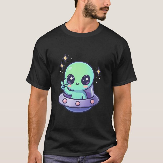 Kawaii Alien in UFO with Peace Sign T-Shirt (Front)