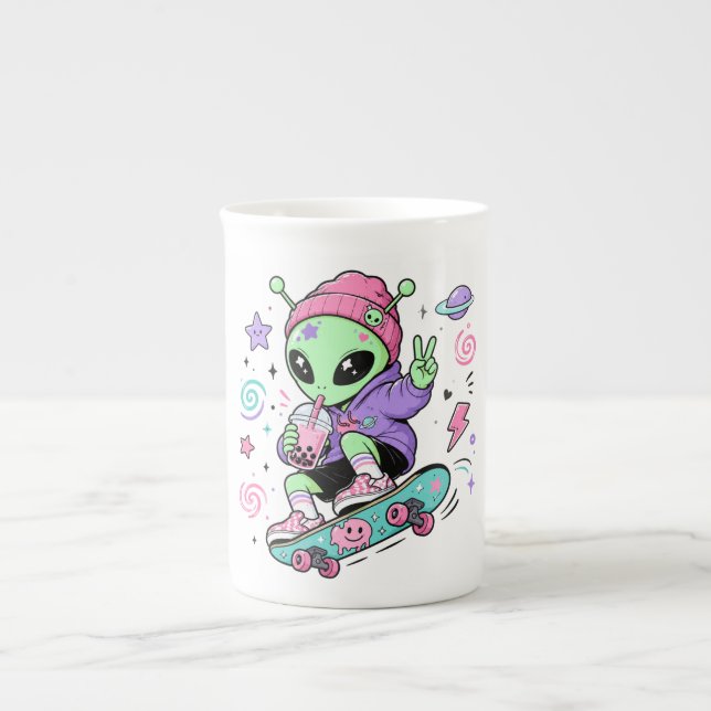 Kawaii Alien Skater Bubble Tea Design Bone China Mug (Front)