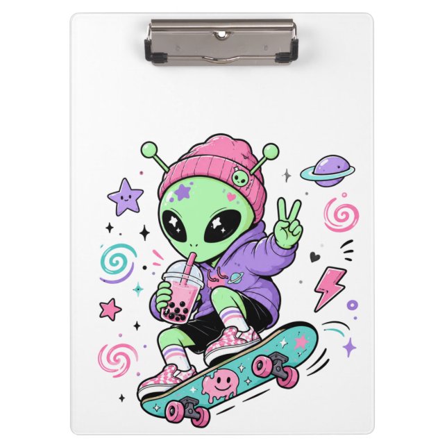 Kawaii Alien Skater Bubble Tea Design Clipboard (Front)