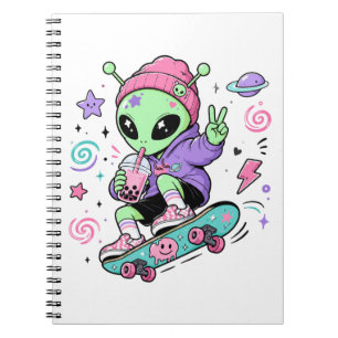Kawaii Alien Skater Bubble Tea Design Notebook