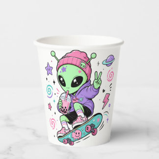 Kawaii Alien Skater Bubble Tea Design Paper Cups