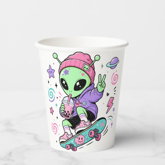 Kawaii Alien Skater Bubble Tea Design Paper Cups (Front)