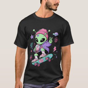 Kawaii Alien Skater Bubble Tea Design T-Shirt