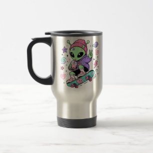 Kawaii Alien Skater Bubble Tea Design Travel Mug