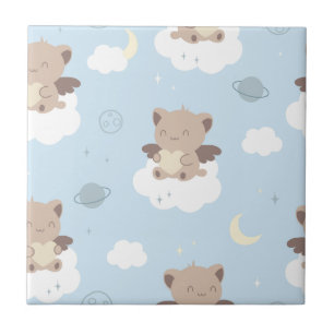 Kawaii Angel Cats on Clouds Pattern Tile
