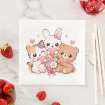  Kawaii Animal Friends Hearts&Flowers Paper Napkin