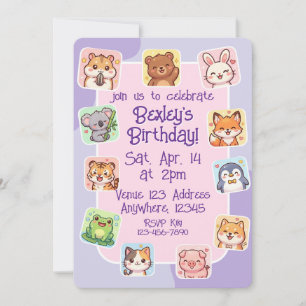 Kawaii Animal Sticker Pink Purple Birthday Invitation