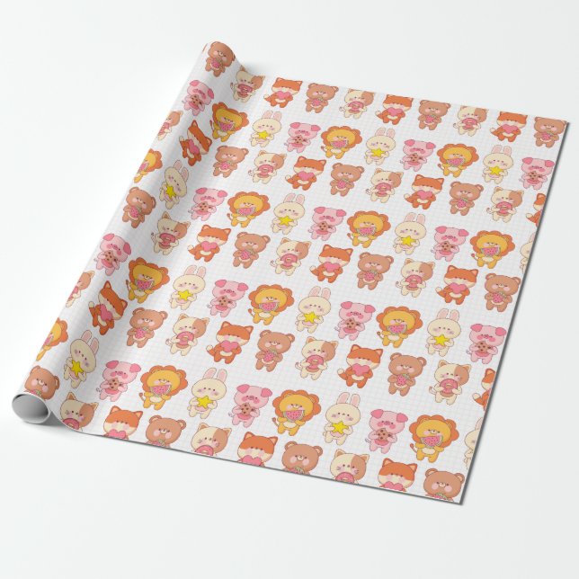 Kawaii Animals with Food Wrapping Paper (Unrolled)