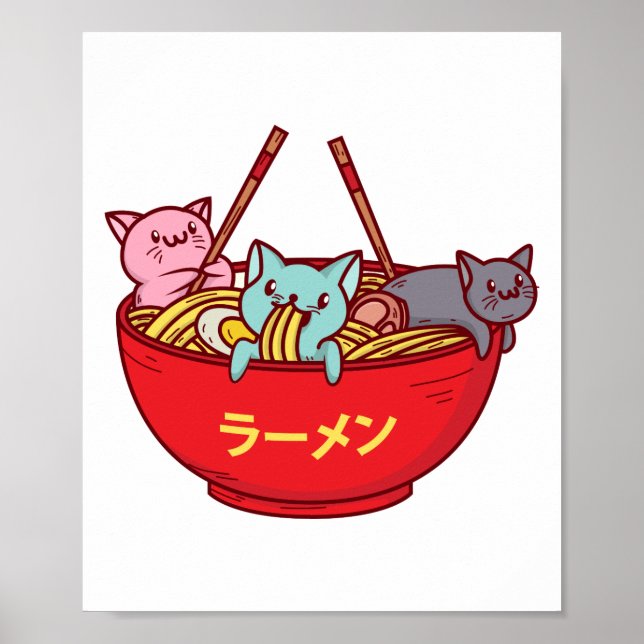 Kawaii Anime Cat Funny Adorable Japanese Ramen Poster (Front)