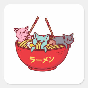 Kawaii Anime Cat Funny Adorable Japanese Ramen Square Sticker