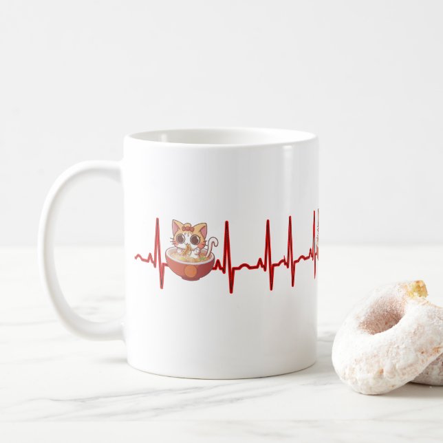 Kawaii Anime Cat Ramen Noodles Otaku EKG Heartbeat Coffee Mug (With Donut)