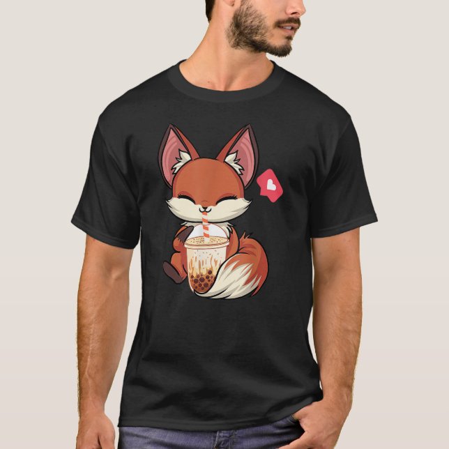 Kawaii Anime Fox Drinking Boba Bubble Tea Japanese T-Shirt (Front)