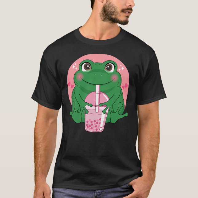 Kawaii Anime Frog Drinking Boba Tea Bubble Tea Cut T-Shirt (Front)