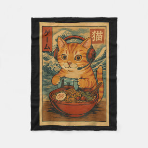 Kawaii Anime Gamer Cat Ramen Retro Japanese Gaming Fleece Blanket