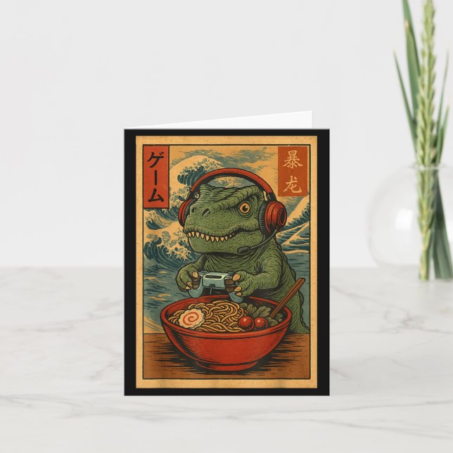 Kawaii Anime Gamer T-rex Ramen Retro Japanese Gami Card (Front)