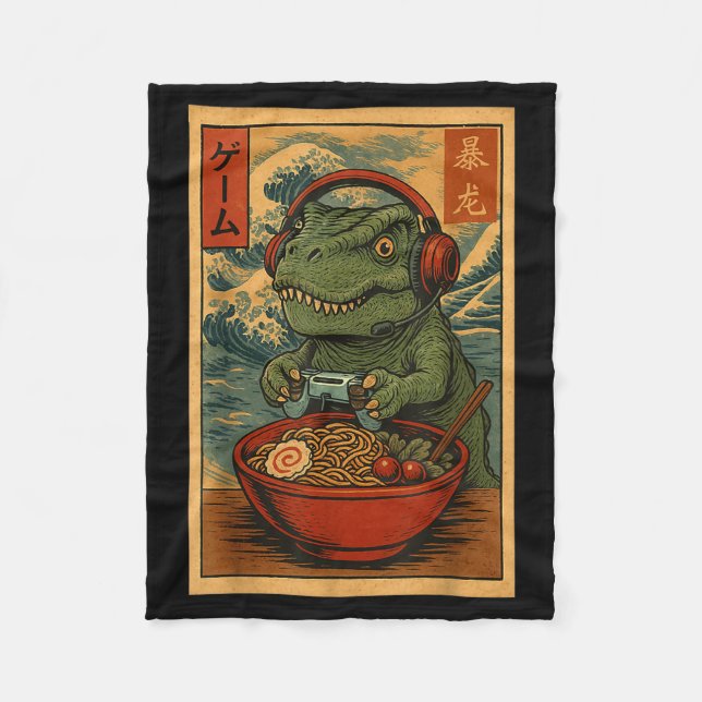 Kawaii Anime Gamer T-rex Ramen Retro Japanese Gami Fleece Blanket (Front)