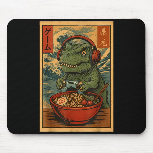 Kawaii Anime Gamer T-rex Ramen Retro Japanese Gami Mouse Mat (Front)