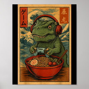 Kawaii Anime Gamer T-rex Ramen Retro Japanese Gami Poster