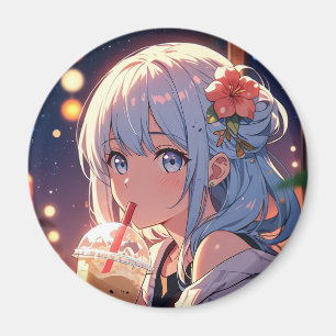 Kawaii Anime Girl Drinking Boba Magnet – Cute