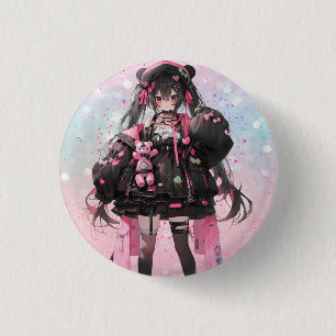 Kawaii Anime Girl in Pink and Black Dress  3 Cm Round Badge