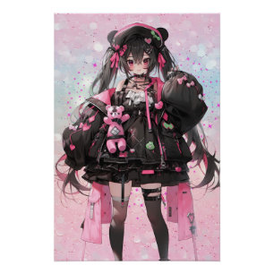 Kawaii Anime Girl in Pink and Black Dress Poster