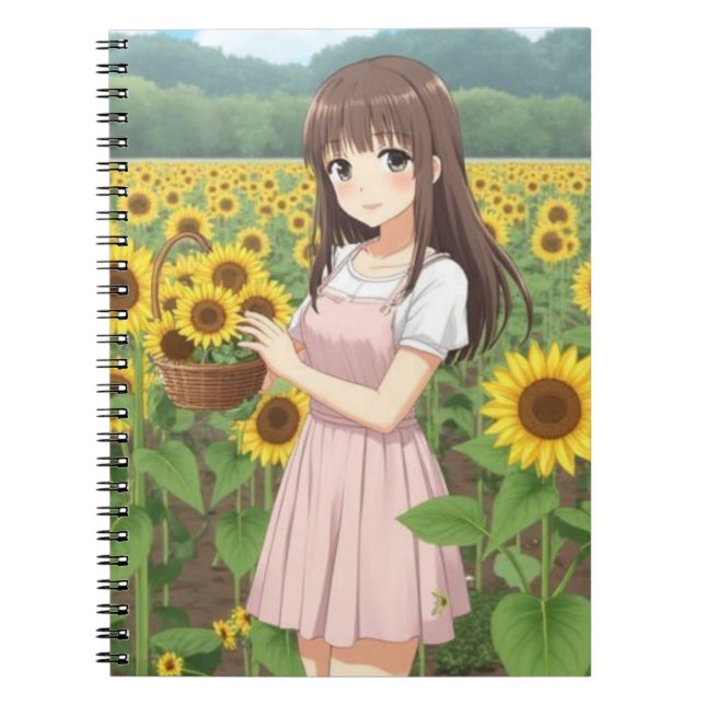 Kawaii Anime Girl in Sunflower Garden Notebook (Front)