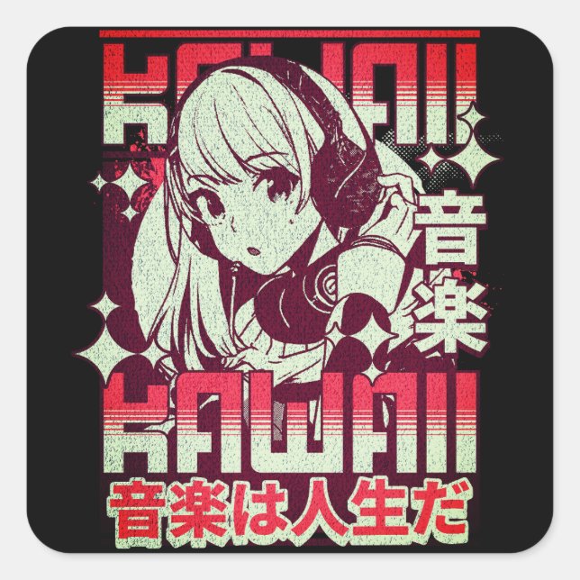Kawaii Anime Girl Retro Music Square Sticker (Front)